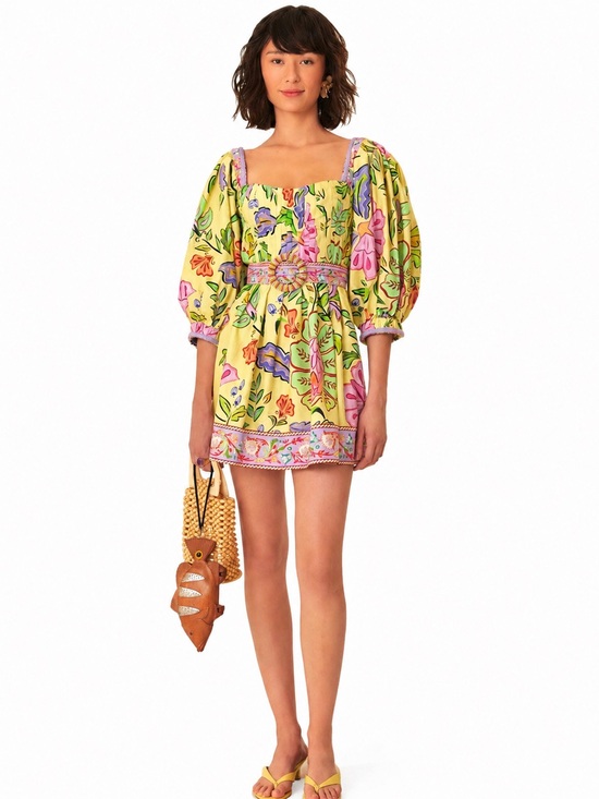 FARM Rio Dresses & Skirts - FARM Rio Yellow Floral Insects Puff Sleeve Belted Mini Dress Size S NWT